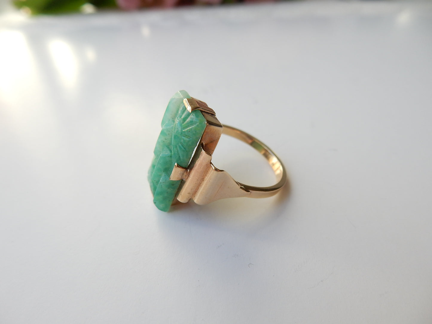 Art Deco 9ct Gold Carved Jade Ring US Size 6 UK N