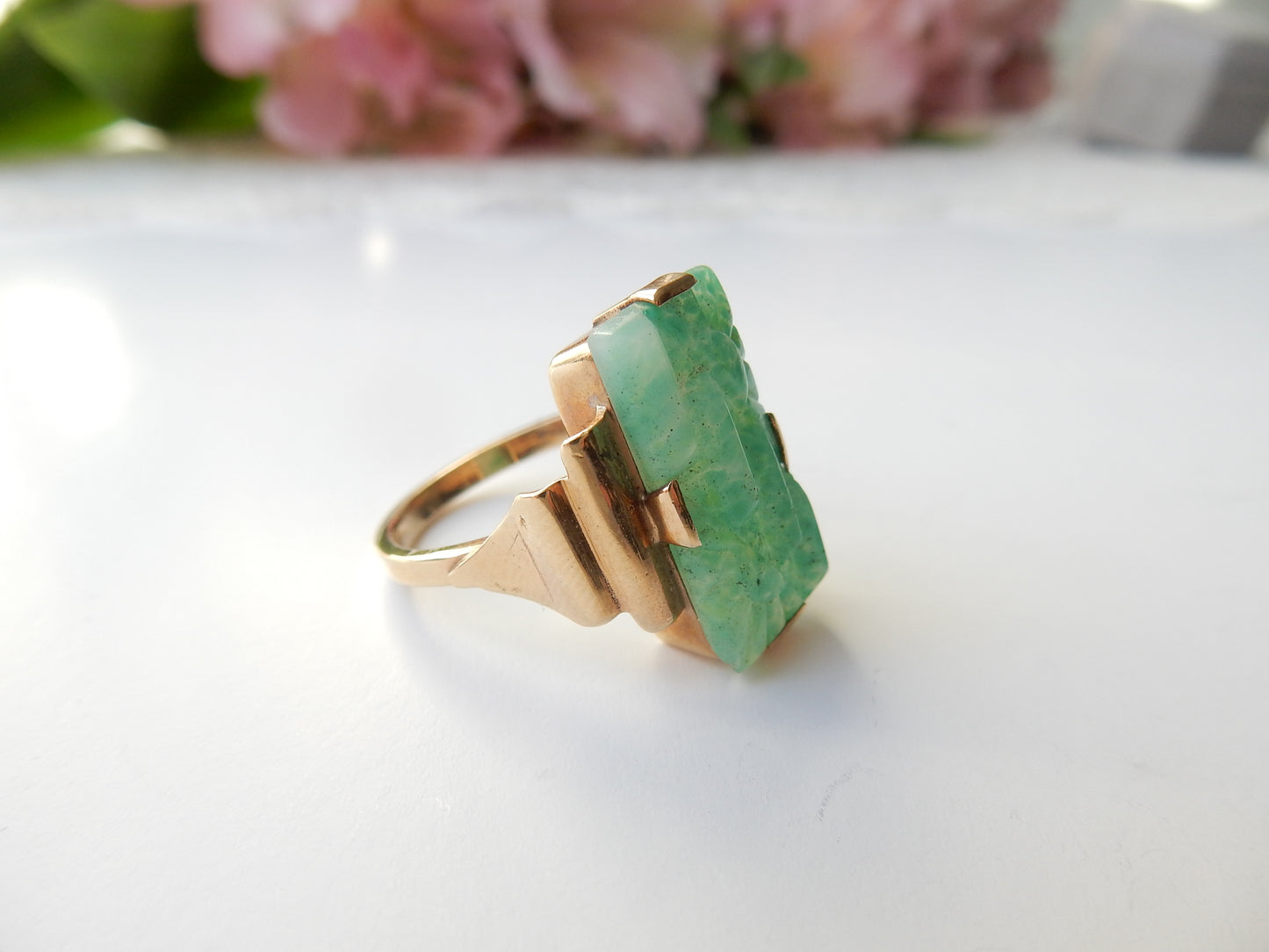 Art Deco 9ct Gold Carved Jade Ring US Size 6 UK N