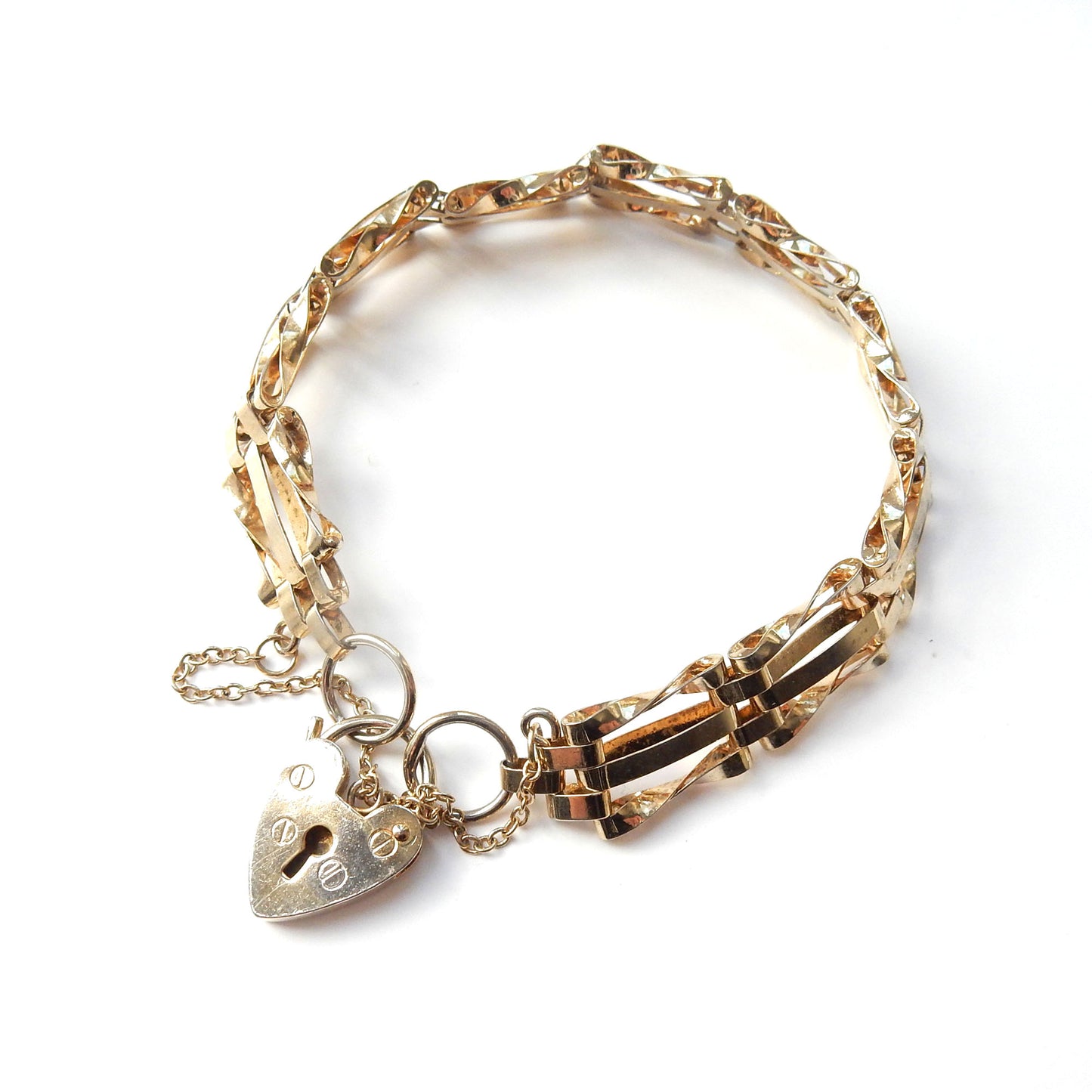 Vintage Goldplated Gate Bracelet with Heart Padlock Catch