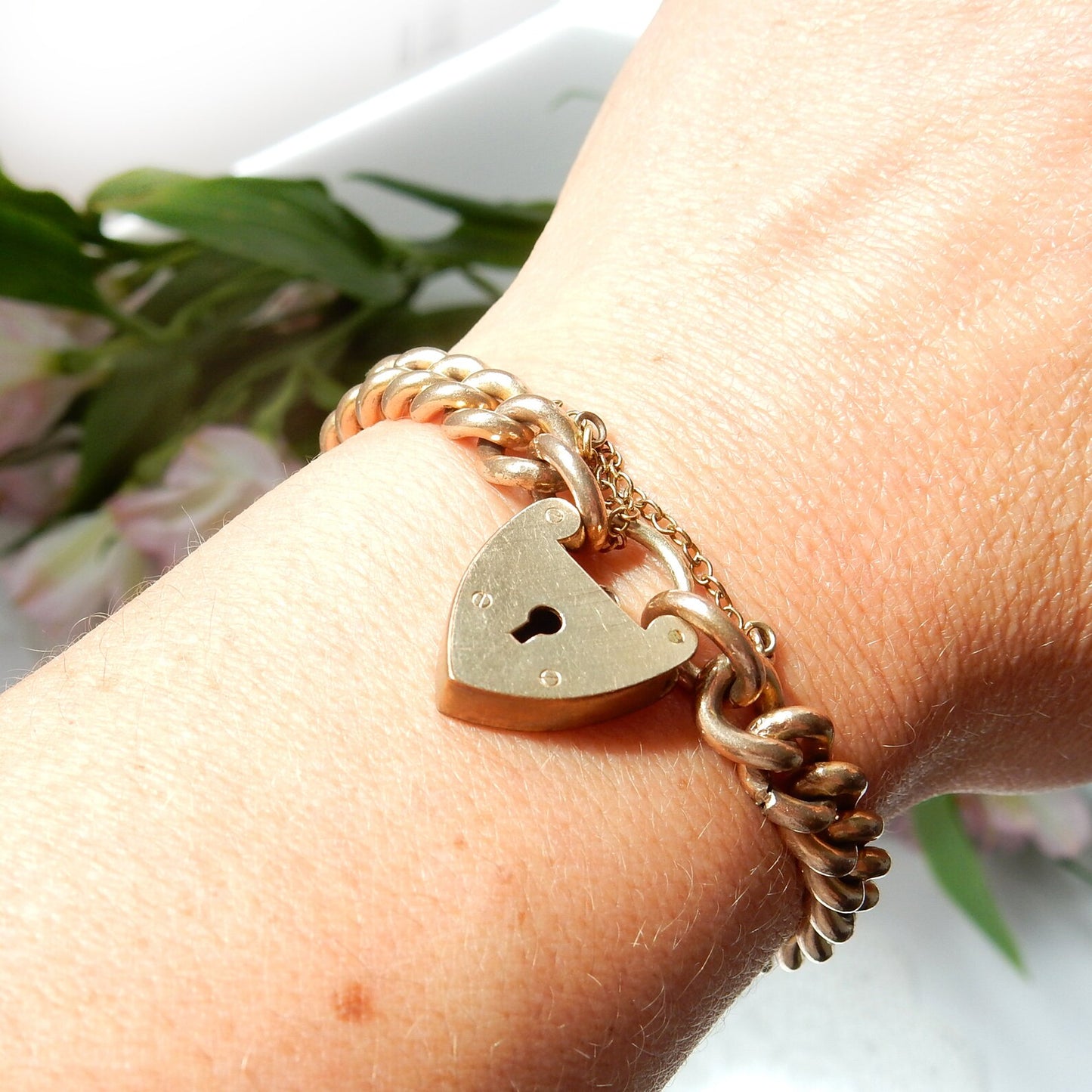 Antique Rolled Gold Curb Bracelet Gold Padlock Heart