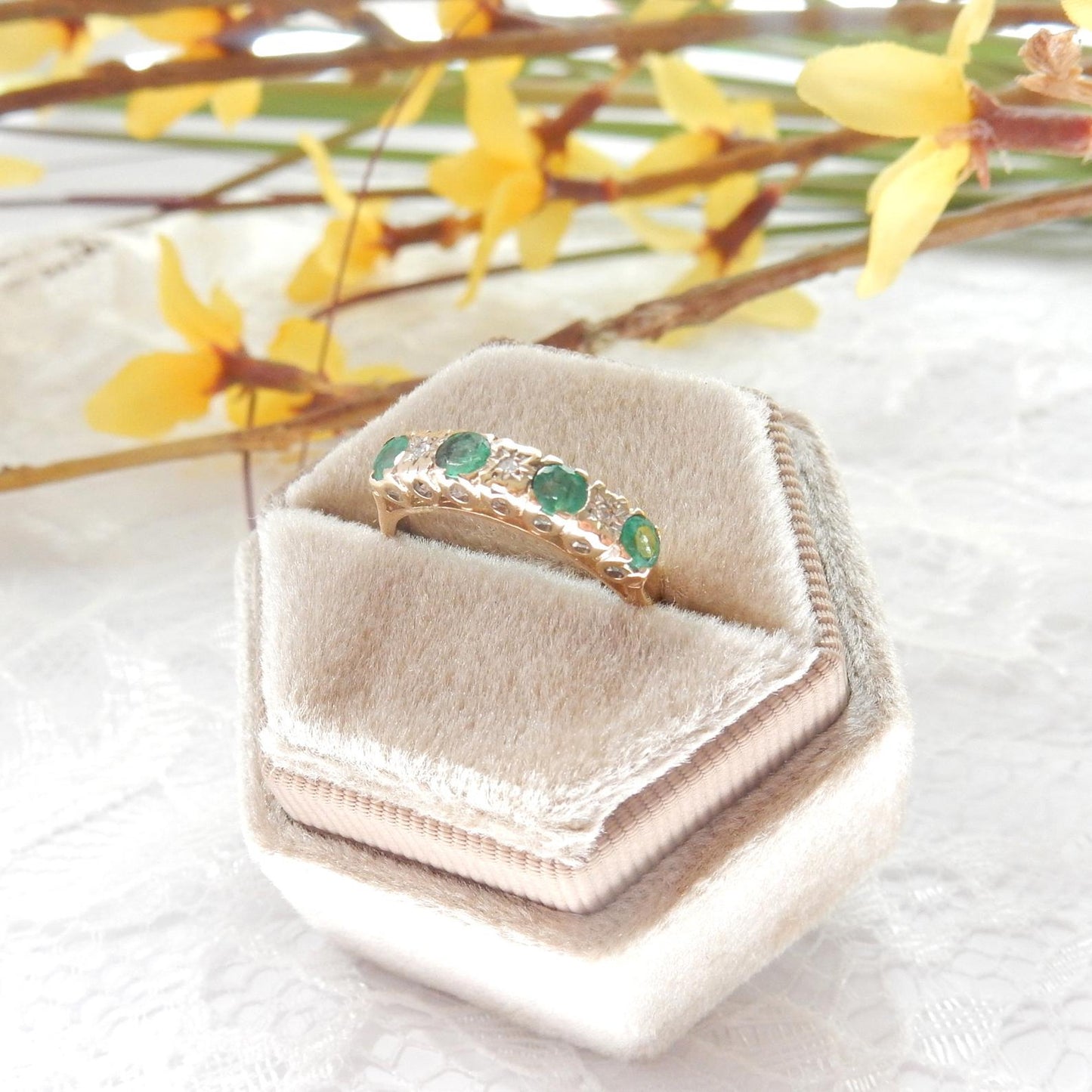 Antique 9k Gold Diamond Emerald Starburst Ring May Birthstone US Size 6 UK M 1/2