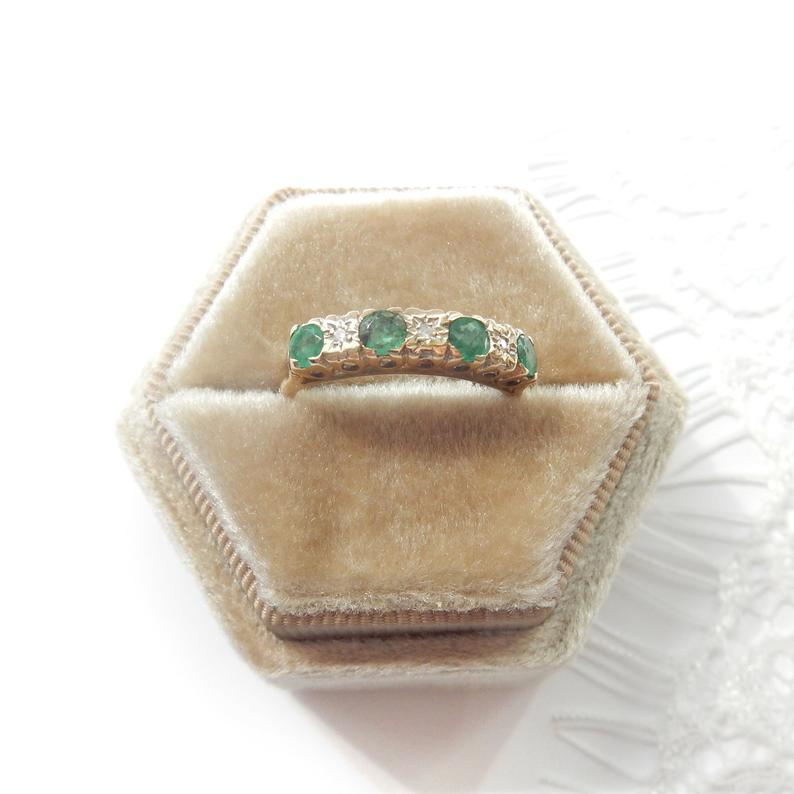 Antique 9k Gold Diamond Emerald Starburst Ring May Birthstone US Size 6 UK M 1/2