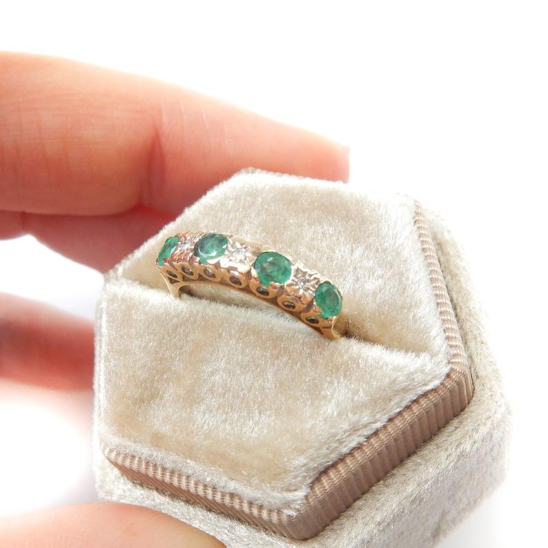 Antique 9k Gold Diamond Emerald Starburst Ring May Birthstone US Size 6 UK M 1/2