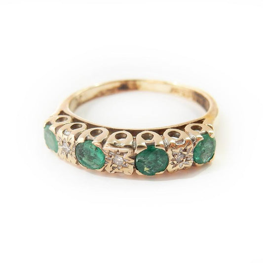 Antique 9k Gold Diamond Emerald Starburst Ring May Birthstone US Size 6 UK M 1/2