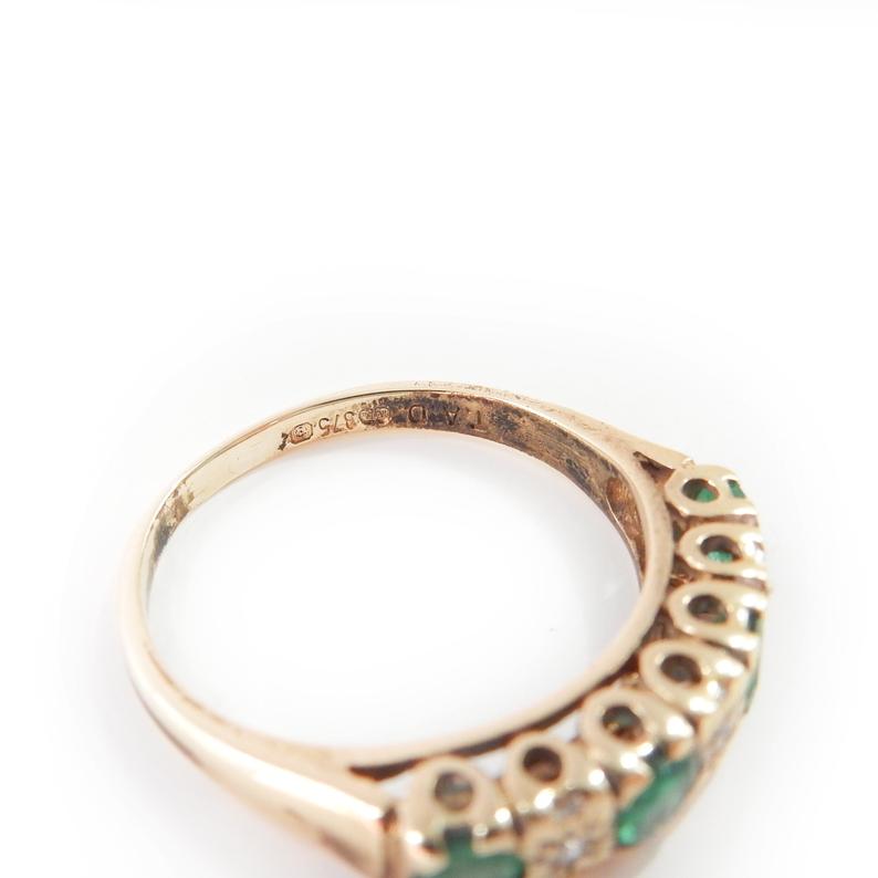 Antique 9k Gold Diamond Emerald Starburst Ring May Birthstone US Size 6 UK M 1/2