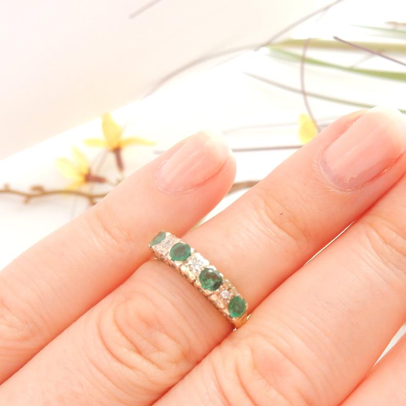 Antique 9k Gold Diamond Emerald Starburst Ring May Birthstone US Size 6 UK M 1/2