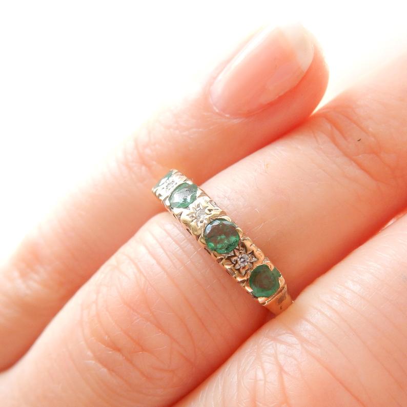 Antique 9k Gold Diamond Emerald Starburst Ring May Birthstone US Size 6 UK M 1/2