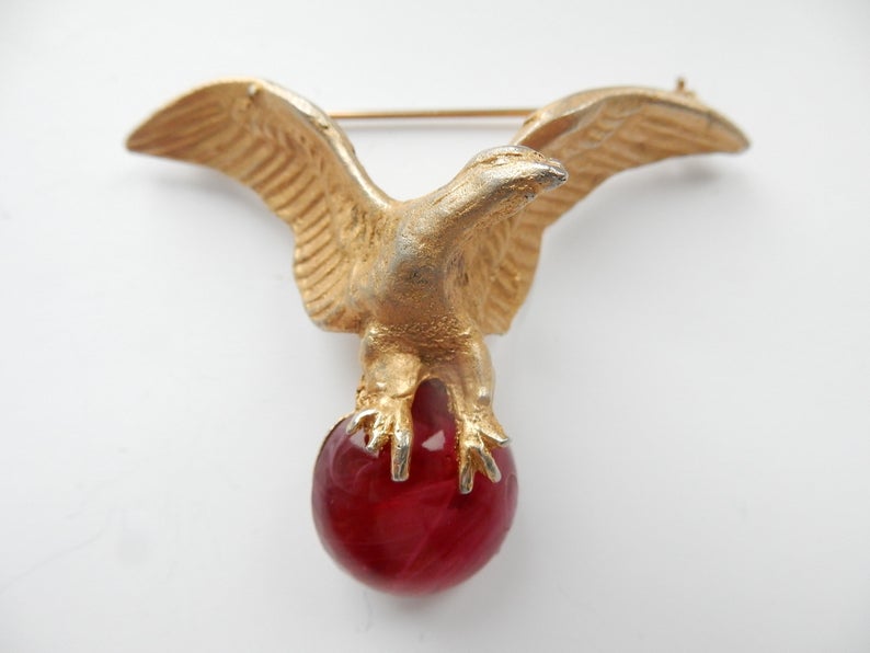 Vintage Retro Eagle Globe Sphere Talon Brooch Glass Cabochon