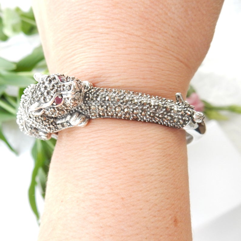 Marcasite Wild Cat Panthere Bracelet Bangle Cuff Solid Silver Ruby Fine Jewelery