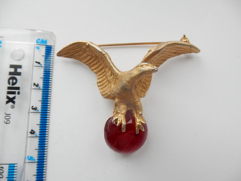 Vintage Retro Eagle Globe Sphere Talon Brooch Glass Cabochon