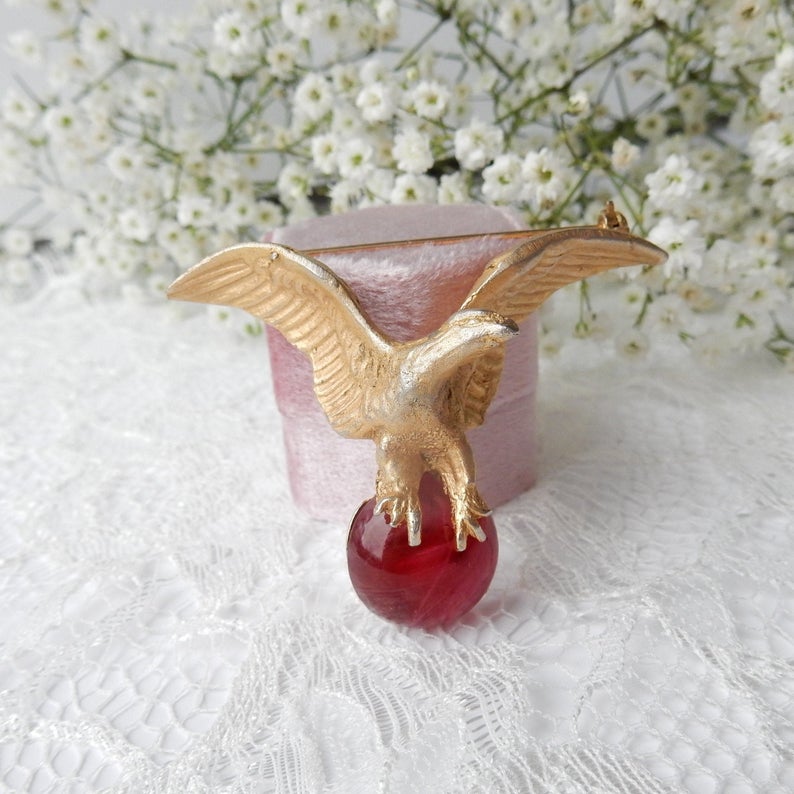 Vintage Retro Eagle Globe Sphere Talon Brooch Glass Cabochon