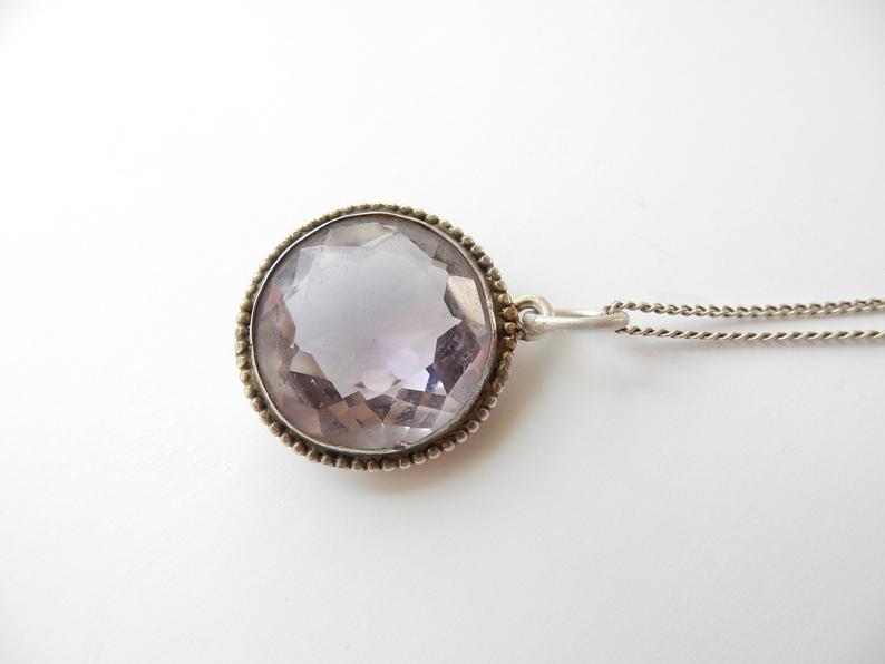 Antique Sterling Silver Amethyst Glass Pendant Necklace Brooch Conversion February Birthstone