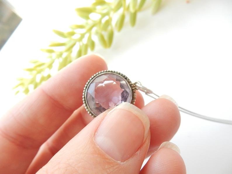 Antique Sterling Silver Amethyst Glass Pendant Necklace Brooch Conversion February Birthstone