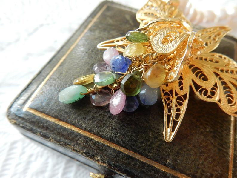 Pearl Filigree Sapphire Ruby Emerald Rose Quartz Flower Cluster Necklace Pearl Choker