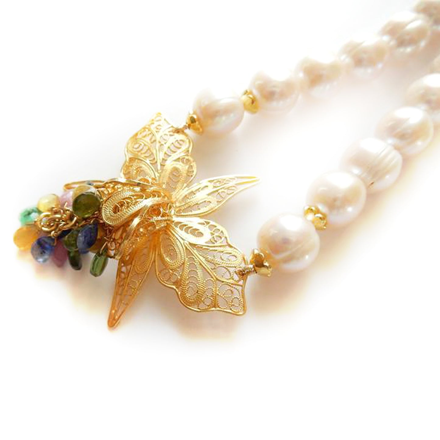 Pearl Filigree Sapphire Ruby Emerald Rose Quartz Flower Cluster Necklace Pearl Choker