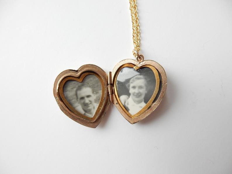 Vintage 9k Gold Back Front Heart Locket Art Deco Sunburst Necklace Pendant