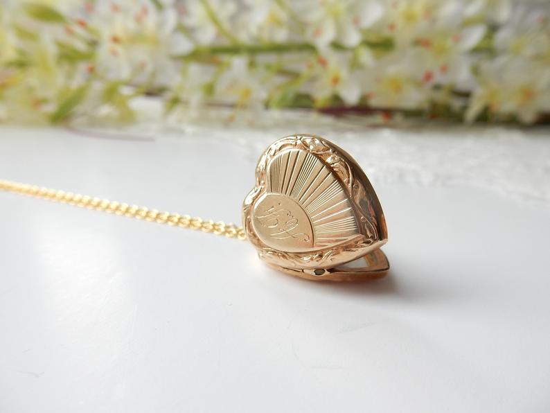 Vintage 9k Gold Back Front Heart Locket Art Deco Sunburst Necklace Pendant
