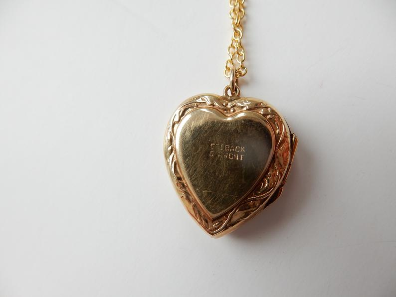 Vintage 9k Gold Back Front Heart Locket Art Deco Sunburst Necklace Pendant
