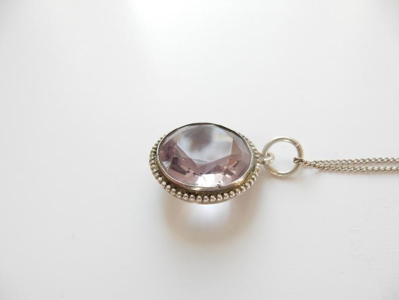 Antique Sterling Silver Amethyst Glass Pendant Necklace Brooch Conversion February Birthstone