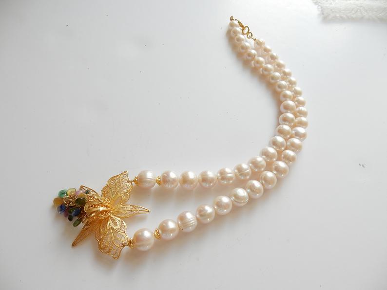 Pearl Filigree Sapphire Ruby Emerald Rose Quartz Flower Cluster Necklace Pearl Choker