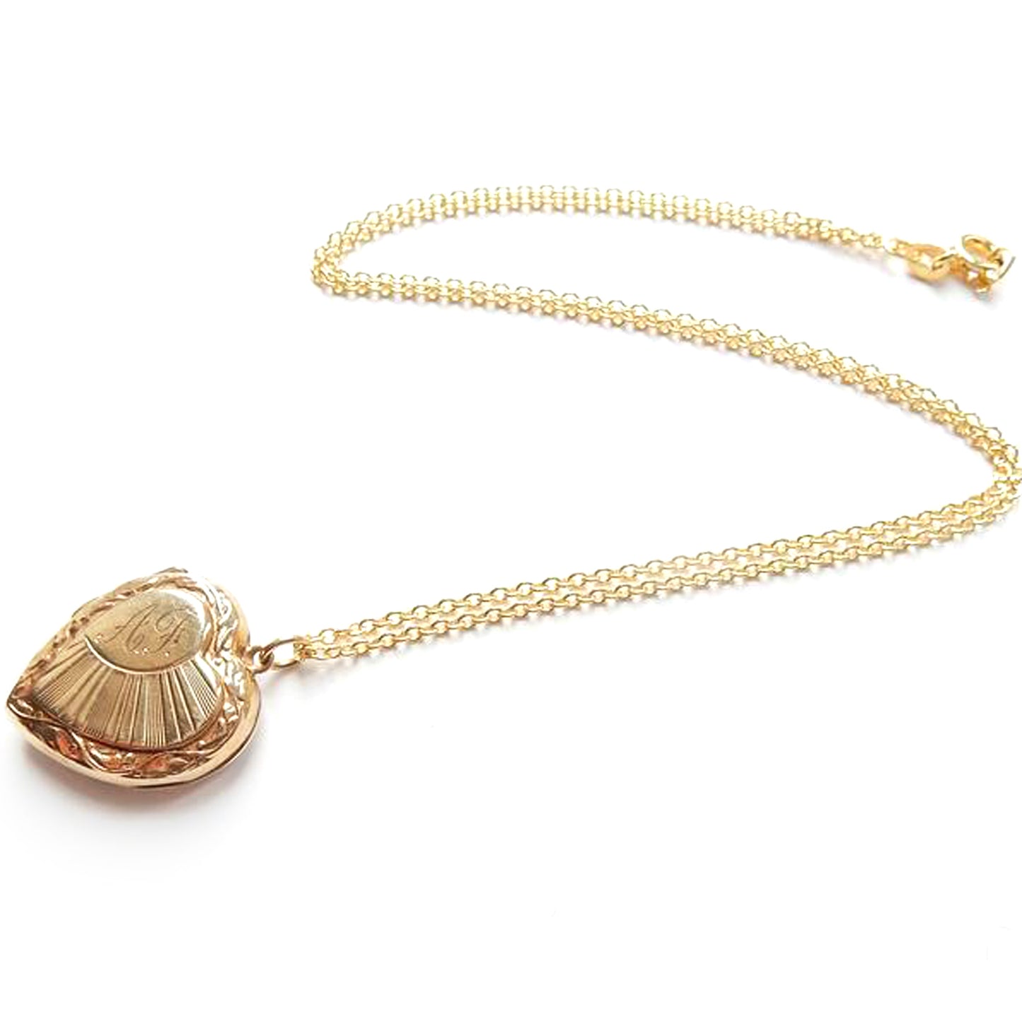 Vintage 9k Gold Back Front Heart Locket Art Deco Sunburst Necklace Pendant