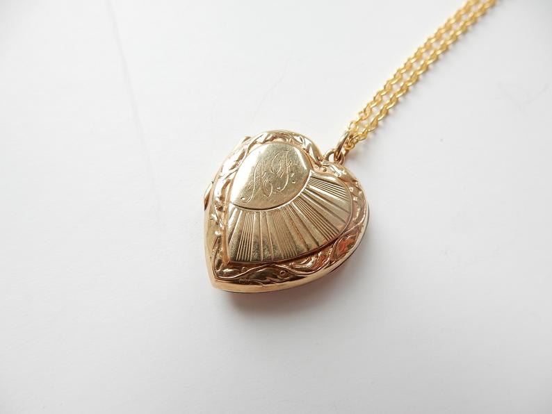 Vintage 9k Gold Back Front Heart Locket Art Deco Sunburst Necklace Pendant