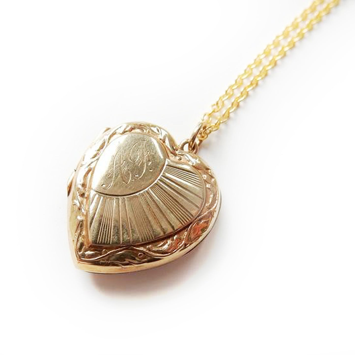 Vintage 9k Gold Back Front Heart Locket Art Deco Sunburst Necklace Pendant