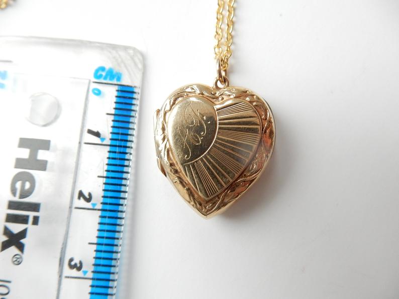 Vintage 9k Gold Back Front Heart Locket Art Deco Sunburst Necklace Pendant