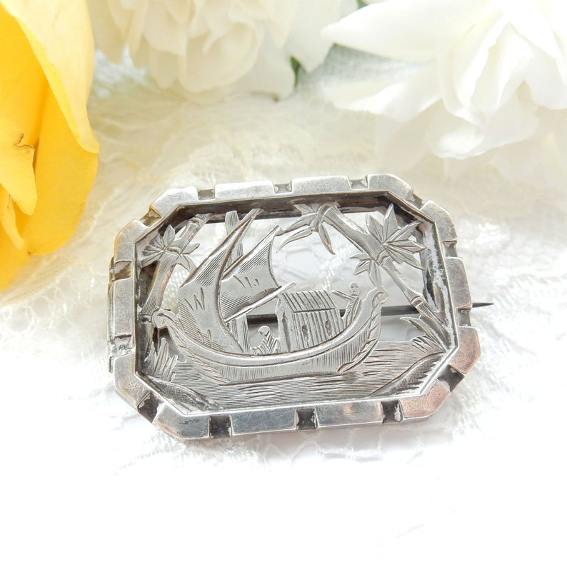 Antique Silver Aesthetic Period Sailing Boat Brooch