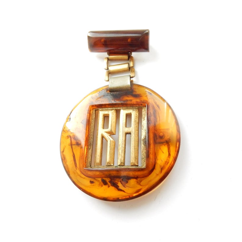 Antique Early Plastic Royal Acadamy "RA" Medallion Brooch Pin
