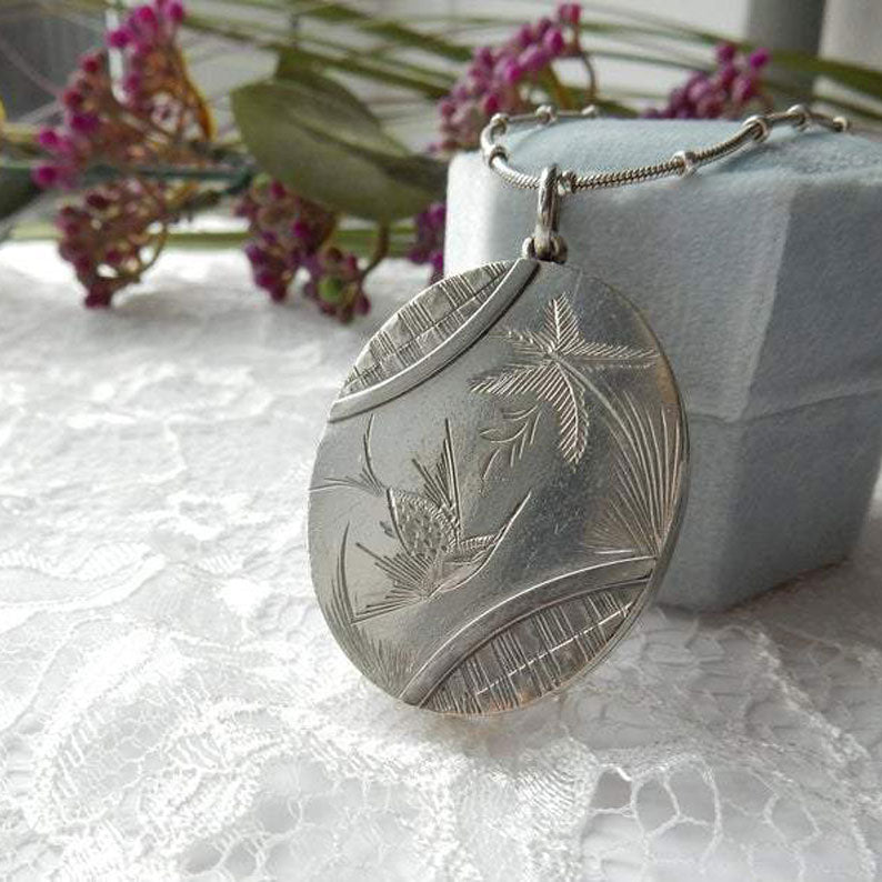 Antique Victorian Silver Locket Necklace Aesthetic Period Engraved Swallow Locket