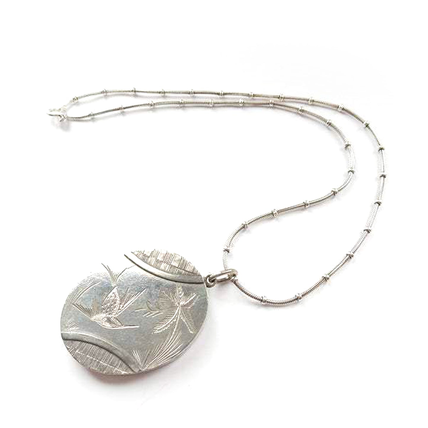 Antique Victorian Silver Locket Necklace Aesthetic Period Engraved Swallow Locket