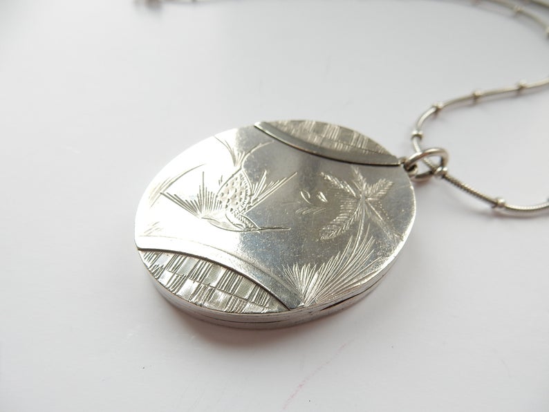 Antique Victorian Silver Locket Necklace Aesthetic Period Engraved Swallow Locket