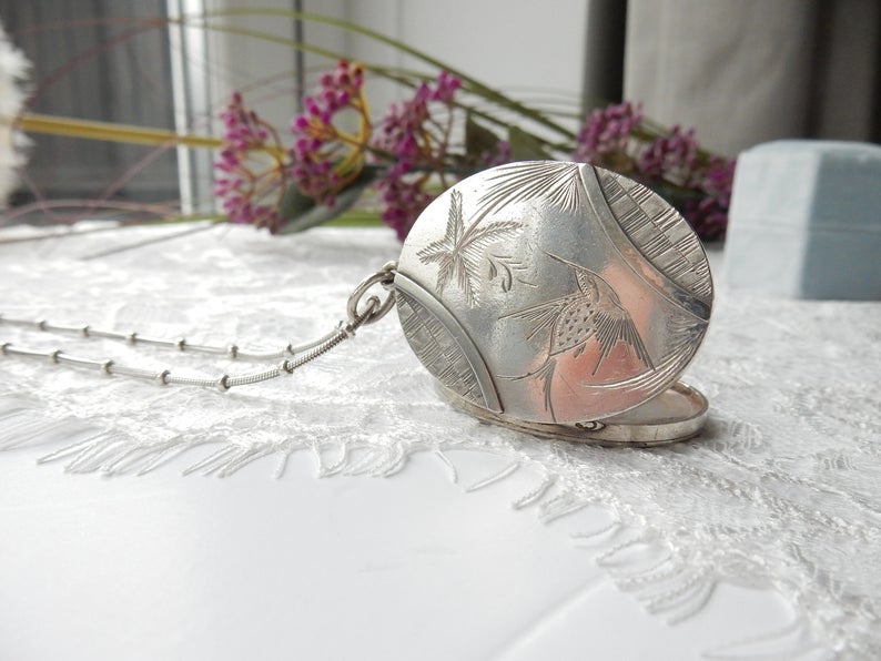 Antique Victorian Silver Locket Necklace Aesthetic Period Engraved Swallow Locket