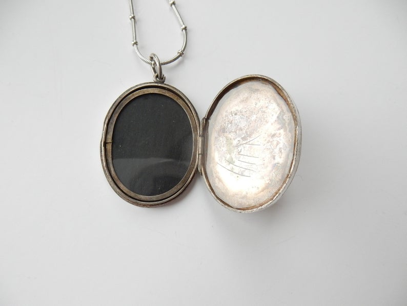 Antique Victorian Silver Locket Necklace Aesthetic Period Engraved Swallow Locket