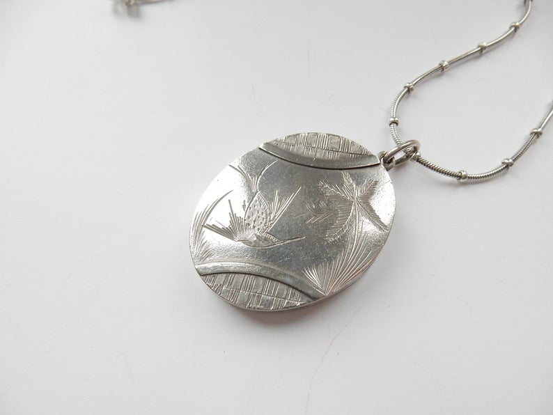 Antique Victorian Silver Locket Necklace Aesthetic Period Engraved Swallow Locket