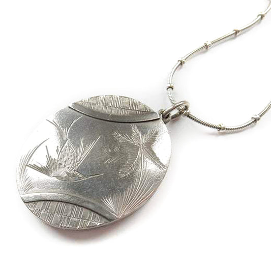 Antique Victorian Silver Locket Necklace Aesthetic Period Engraved Swallow Locket