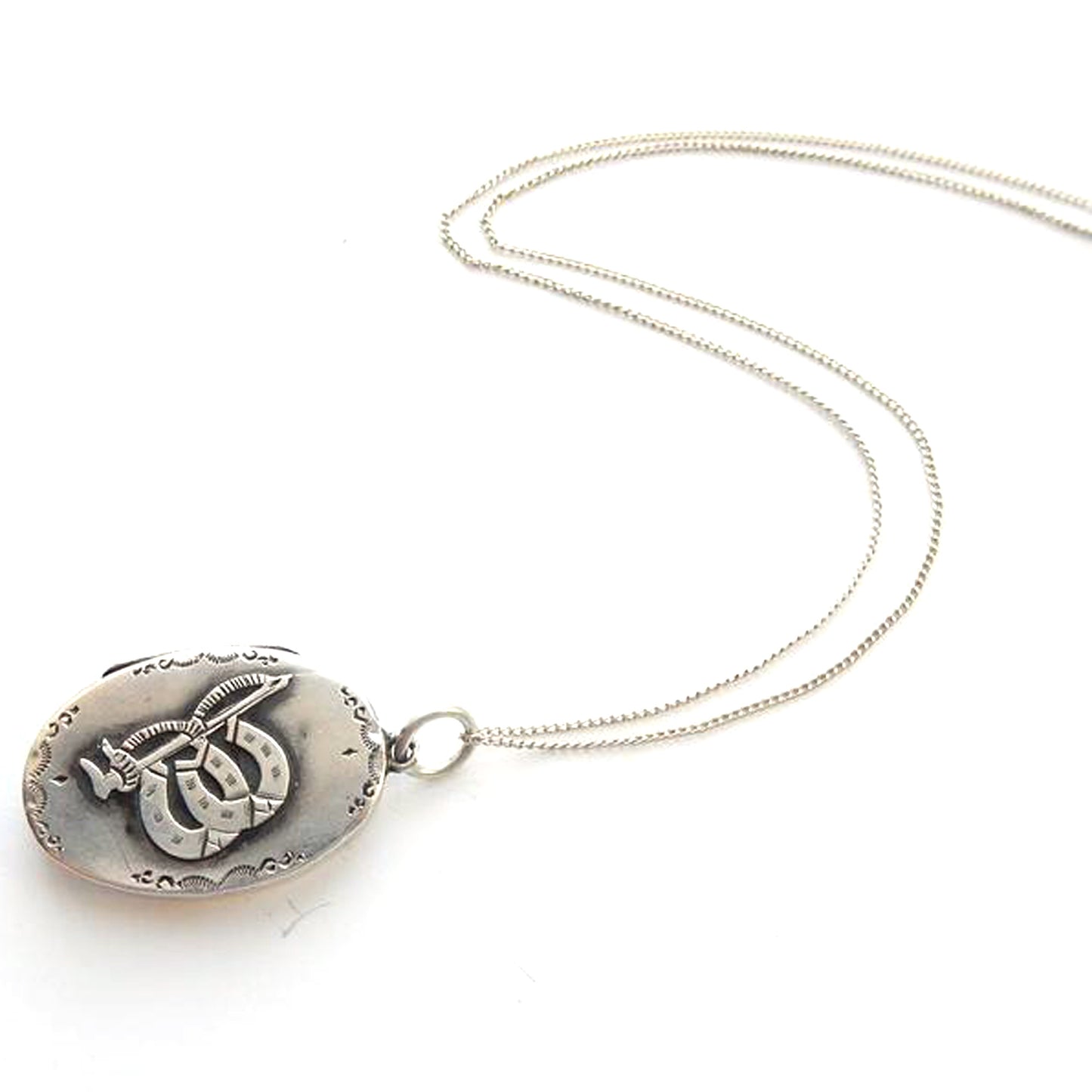Antique Victorian Sterling Silver Locket Necklace Horseshoe Equestrian Necklace