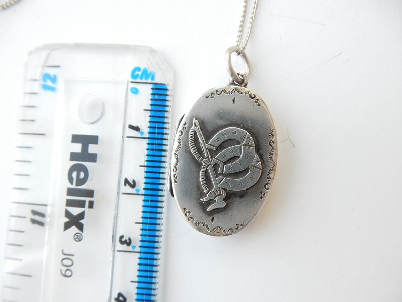 Antique Victorian Sterling Silver Locket Necklace Horseshoe Equestrian Necklace