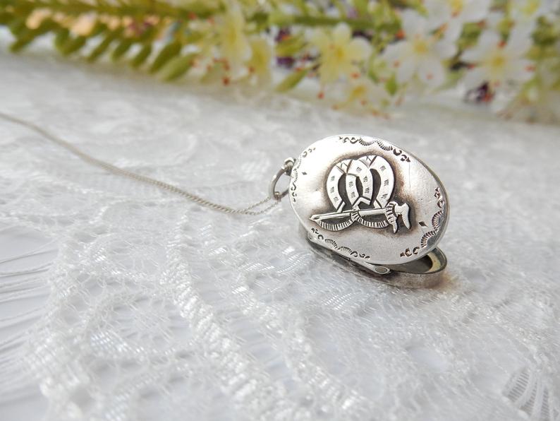 Antique Victorian Sterling Silver Locket Necklace Horseshoe Equestrian Necklace