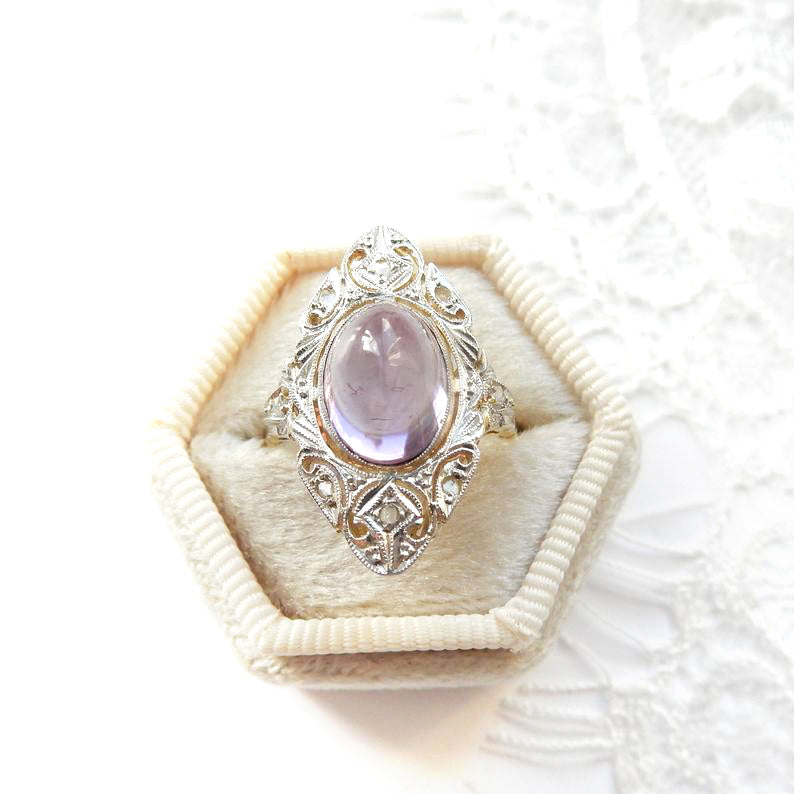 Victorian 18ct Gold Diamond Amethyst Cabochon Navette Ring US Size 7 UK P