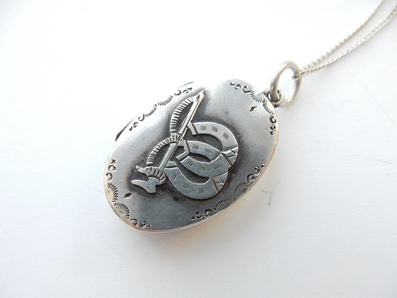 Antique Victorian Sterling Silver Locket Necklace Horseshoe Equestrian Necklace