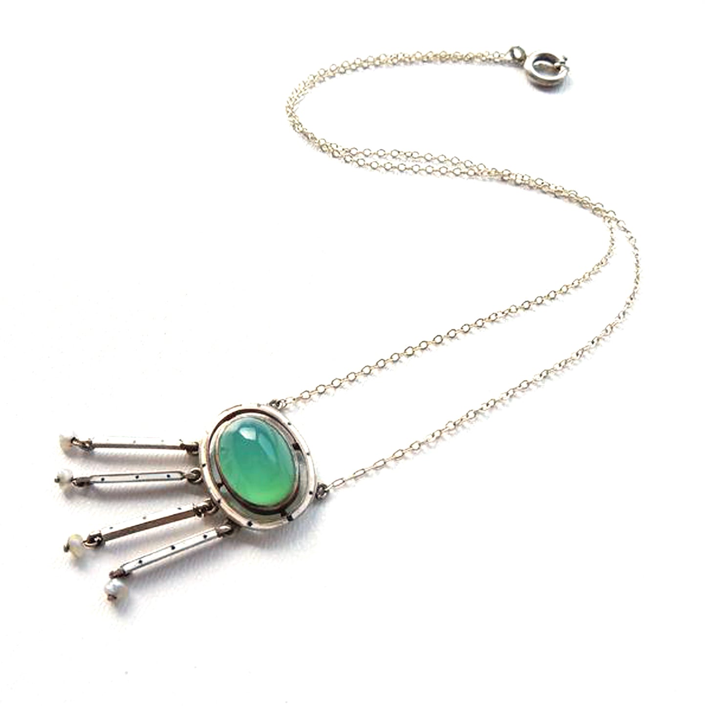 Antique Gulloiche Enamel Chrysoprase Seed Pearl Necklace 1910s Arts & Crafts Jewellery