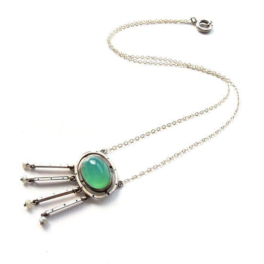 Antique Gulloiche Enamel Chrysoprase Seed Pearl Necklace 1910s Arts & Crafts Jewellery