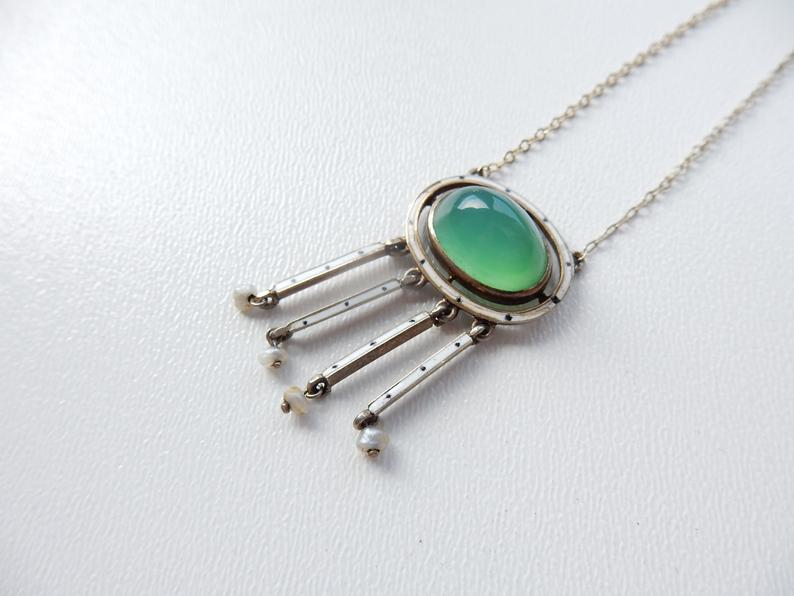 Antique Gulloiche Enamel Chrysoprase Seed Pearl Necklace 1910s Arts & Crafts Jewellery