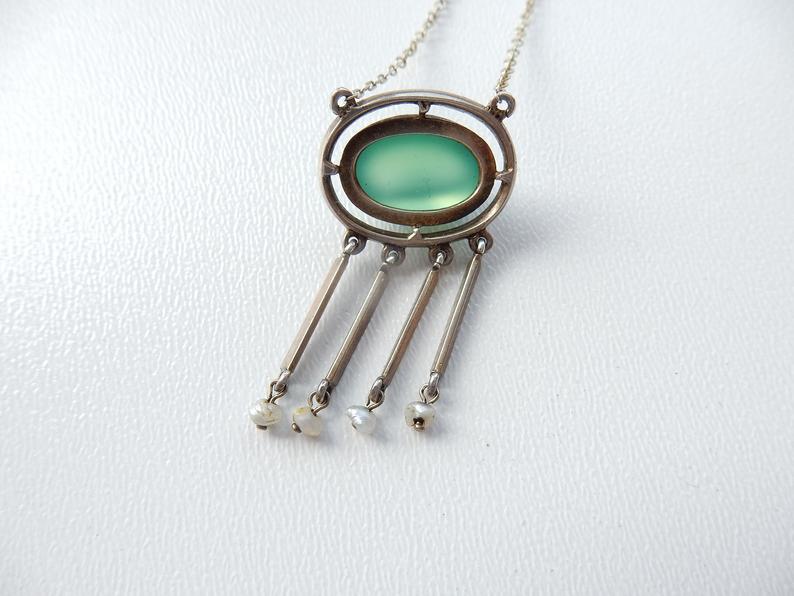 Antique Gulloiche Enamel Chrysoprase Seed Pearl Necklace 1910s Arts & Crafts Jewellery