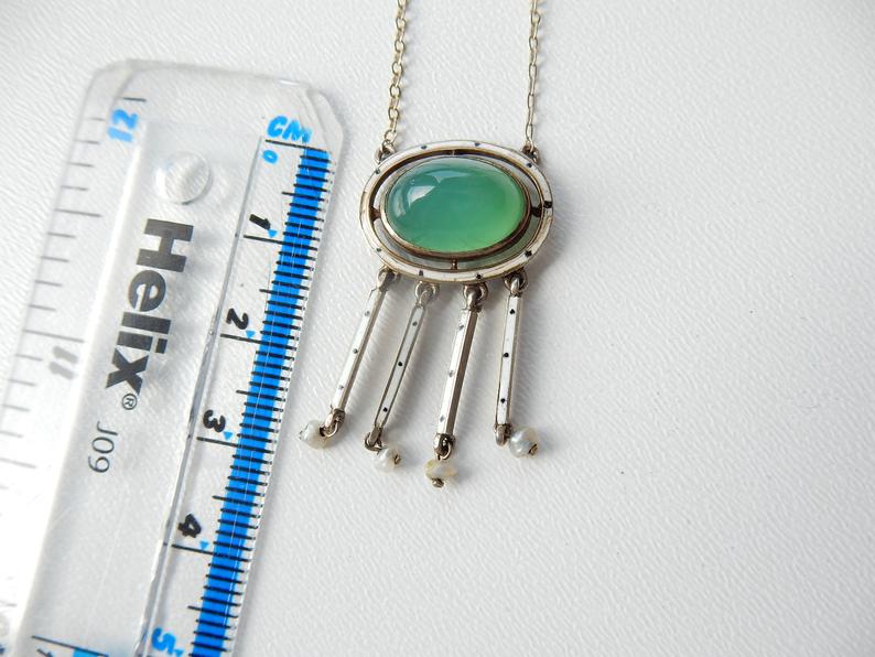 Antique Gulloiche Enamel Chrysoprase Seed Pearl Necklace 1910s Arts & Crafts Jewellery