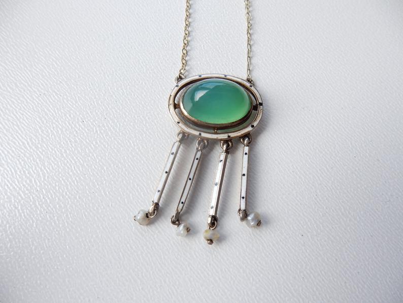 Antique Gulloiche Enamel Chrysoprase Seed Pearl Necklace 1910s Arts & Crafts Jewellery