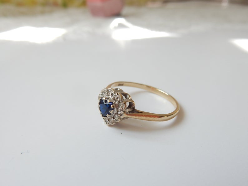 Vintage 9ct Gold Sapphire & Diamond Paste Heart Ring US Size 6.5 UK O