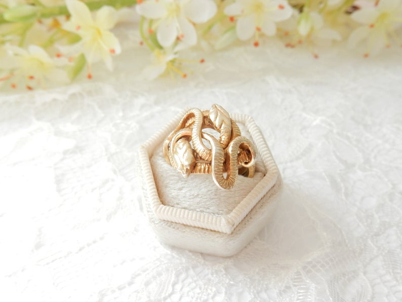 Vintage Solid Silver Vermeil Gold Snake Ring Size 8 3/4